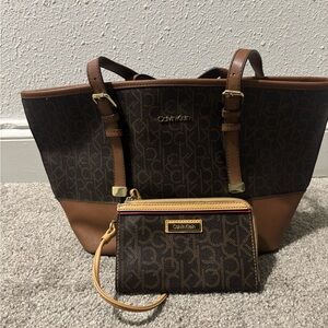 Calvin Klein Dark Brown Monogram Tote and Wristlet